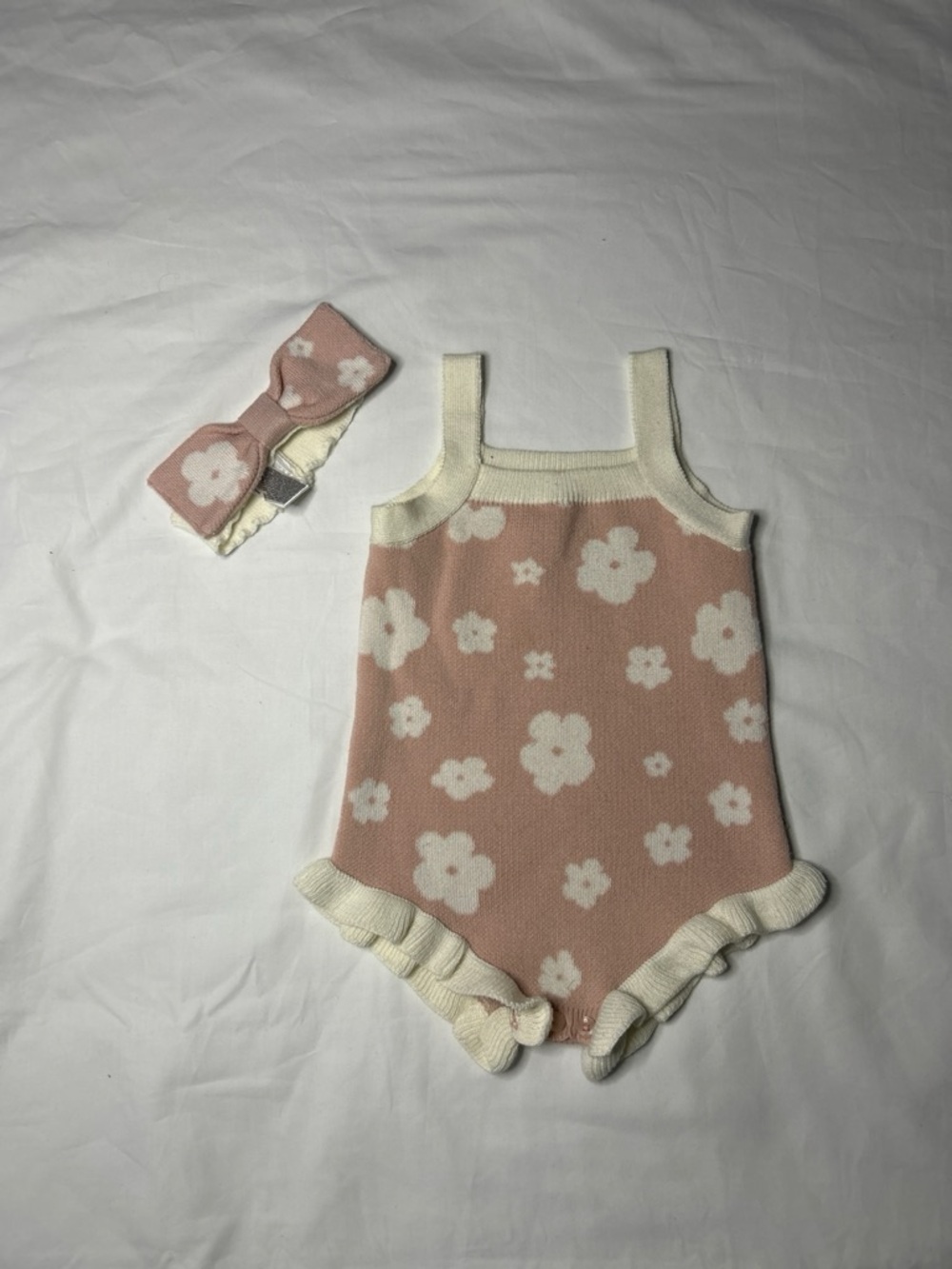 Pink Floral Knit Baby One-Piece with Matching Headband
